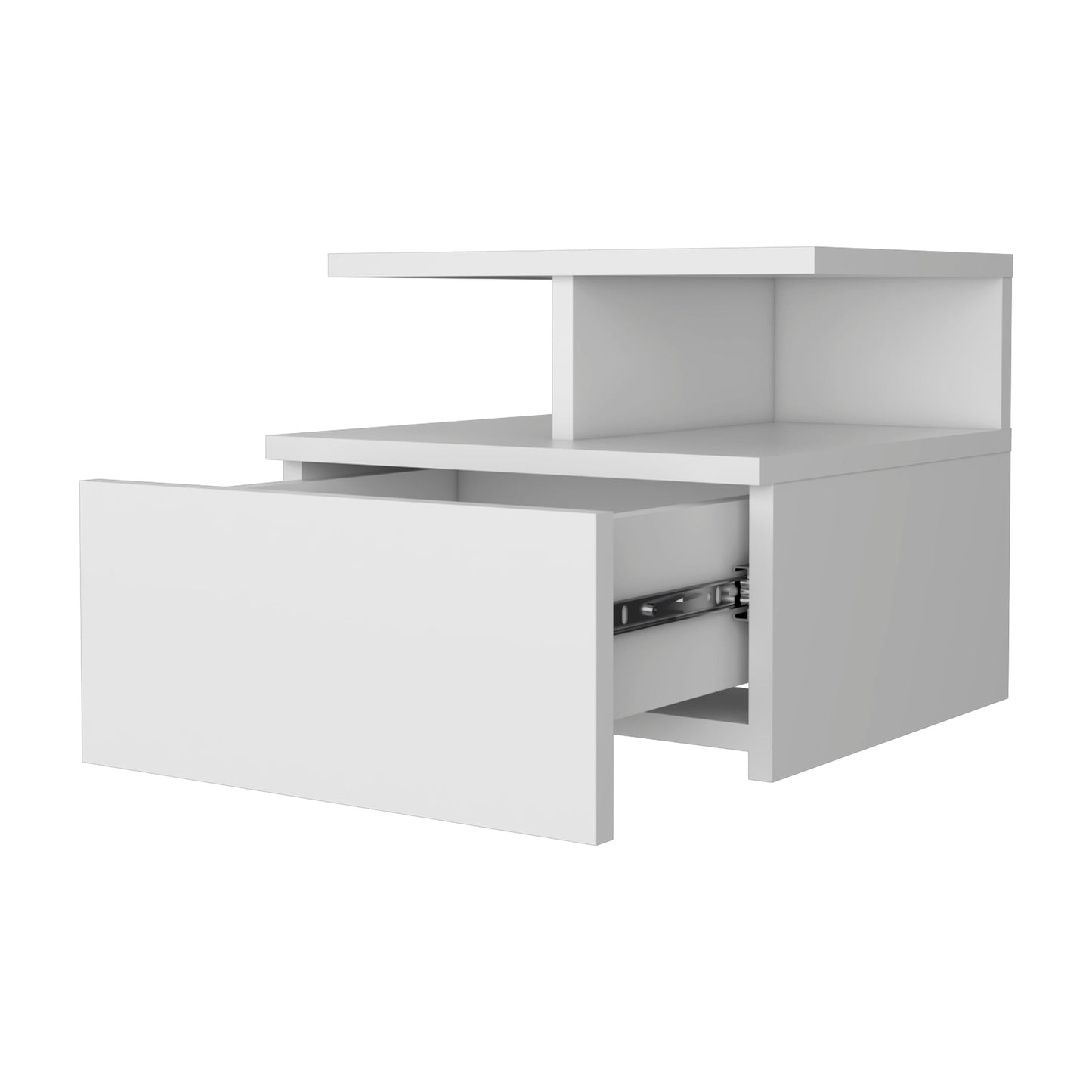 White modern nightstand with open drawer and metal drawer slides