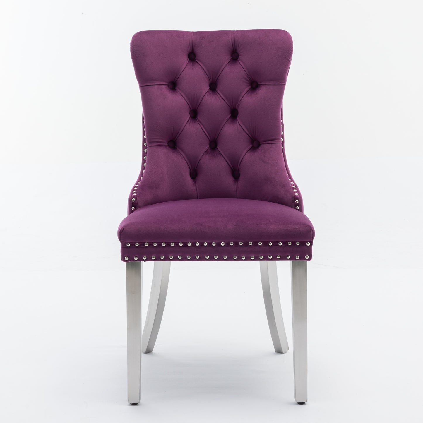Plush purple velvet dining chair with diamond tufting and silver nailhead trim