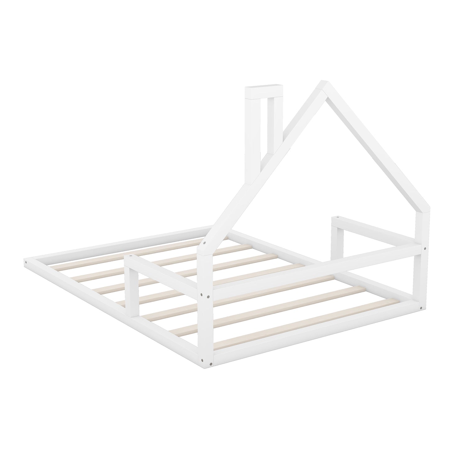 White wooden house bed frame for toddlers with slatted base