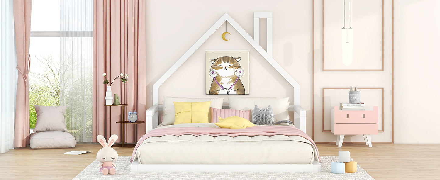 White wood house bed frame with a cute cat painting above