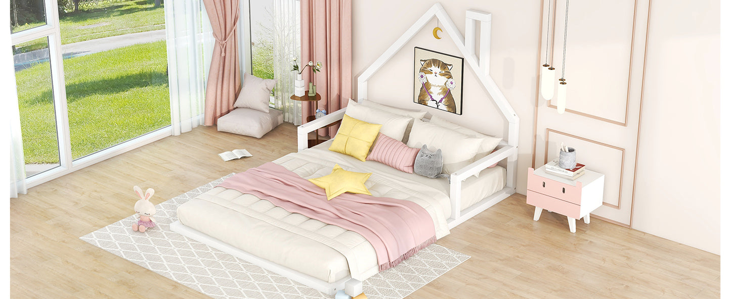 White wooden house bed frame with white mattress and pink bedding