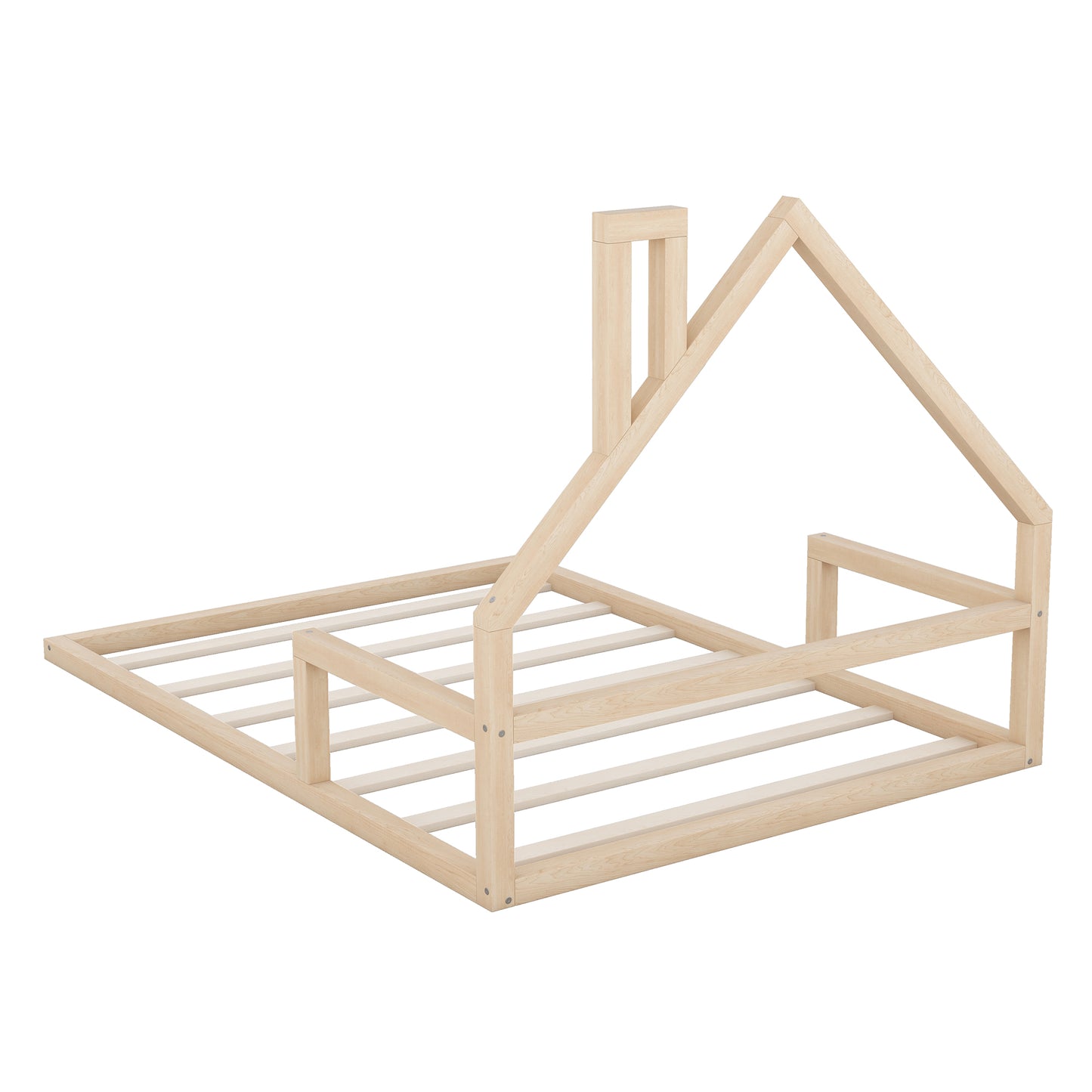 Natural wood house bed frame with roof structure