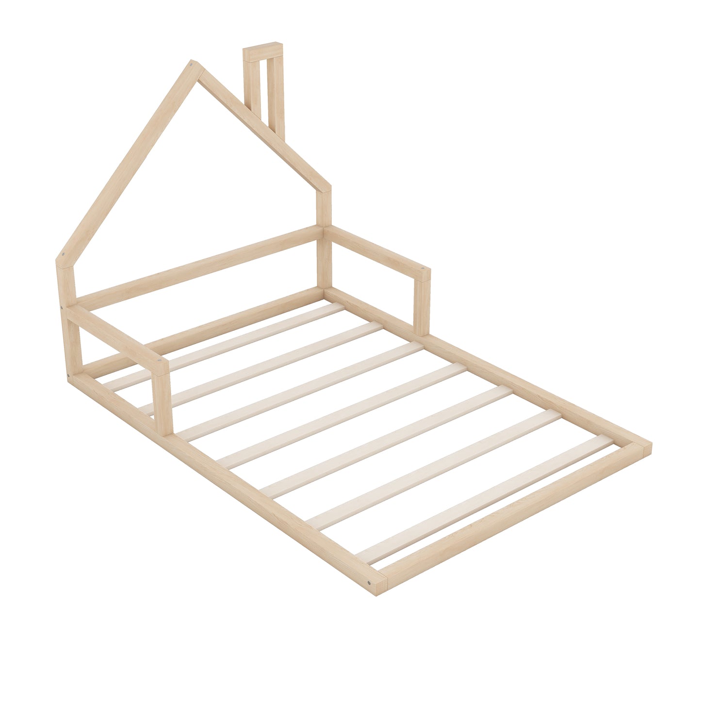 Natural wood Montessori bed frame with house roof detail for toddlers