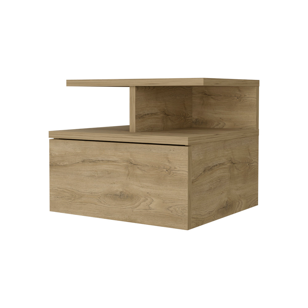 Modern oak veneer bedside table with a drawer and open shelf