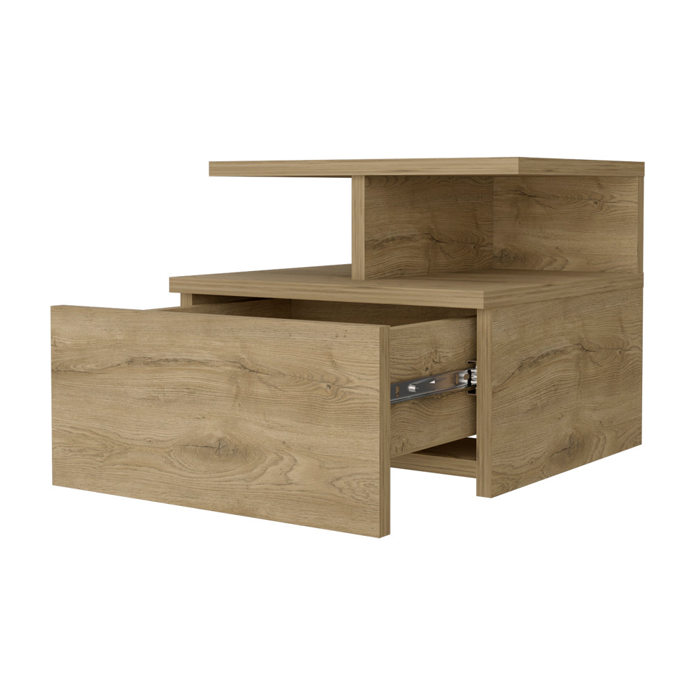 Modern oak veneer bedside table with open drawer and shelving