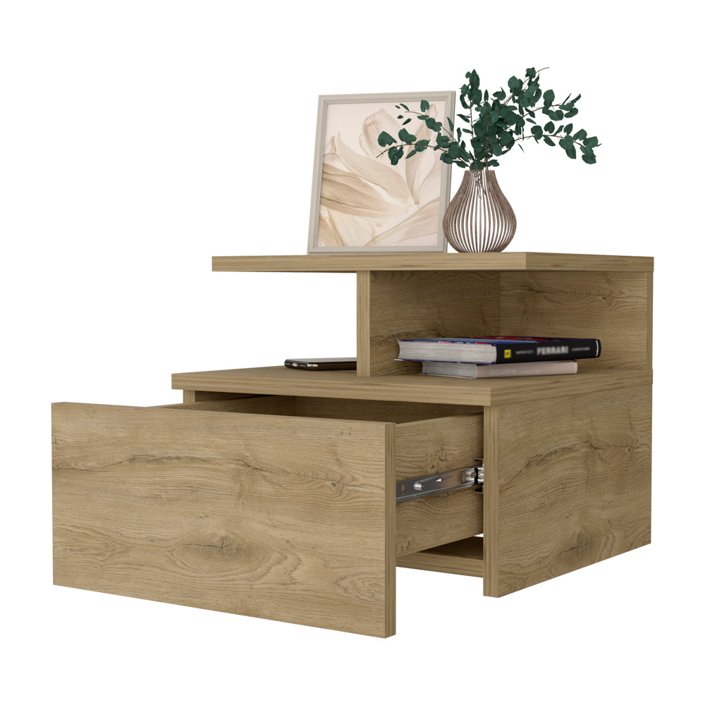 Modern oak veneer nightstand with open drawer and framed art