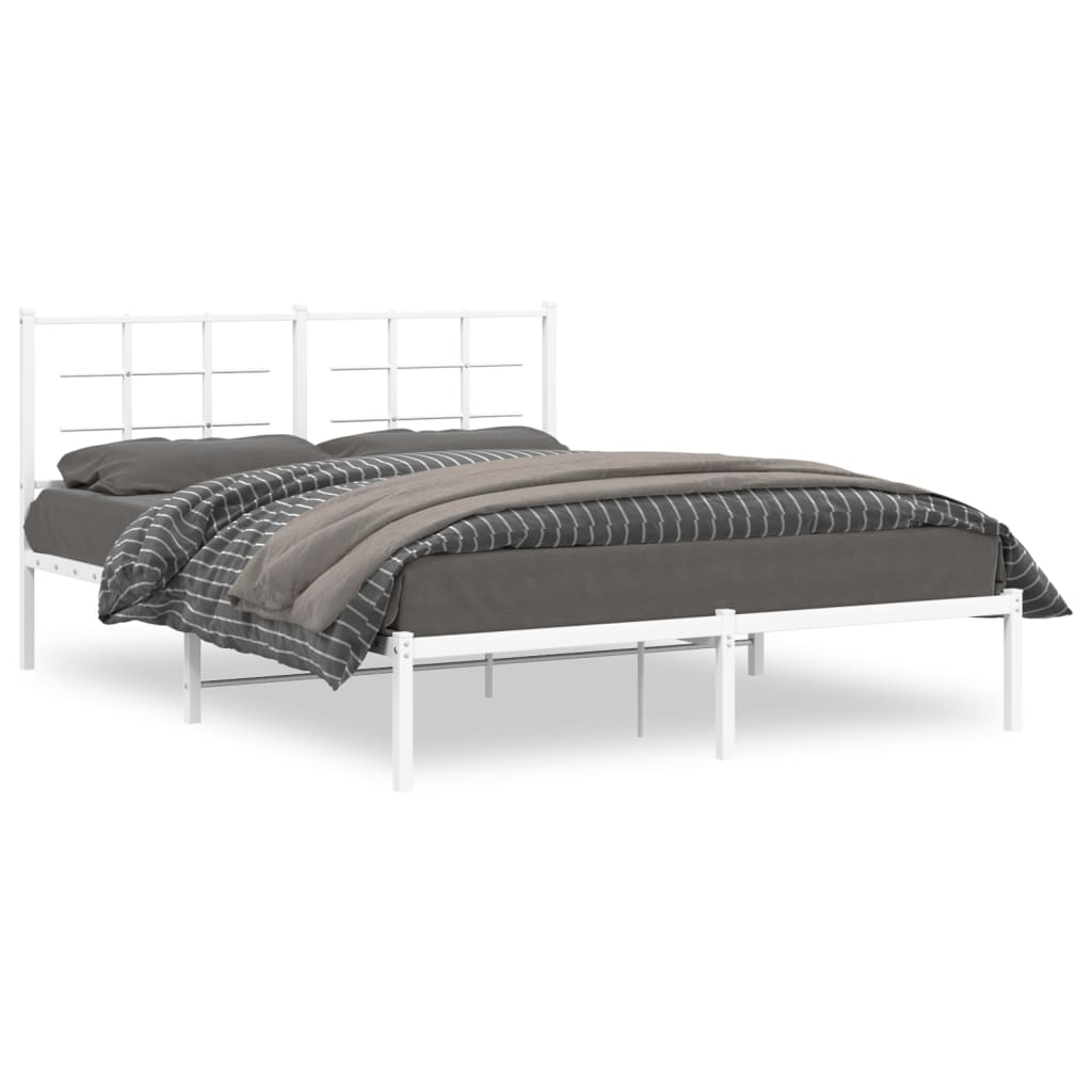 White metal platform bed frame with detailed dimensions including height and length