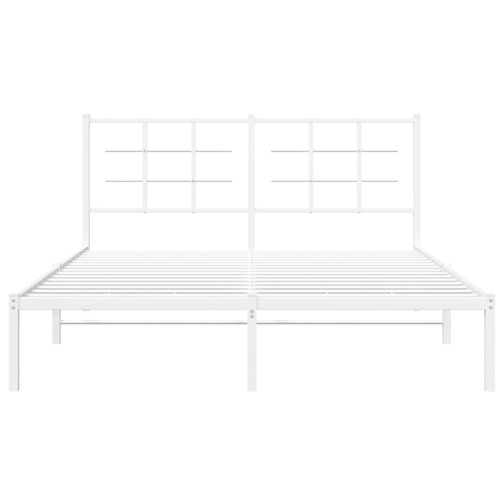 White metal bed frame with a modern grid headboard and mattress