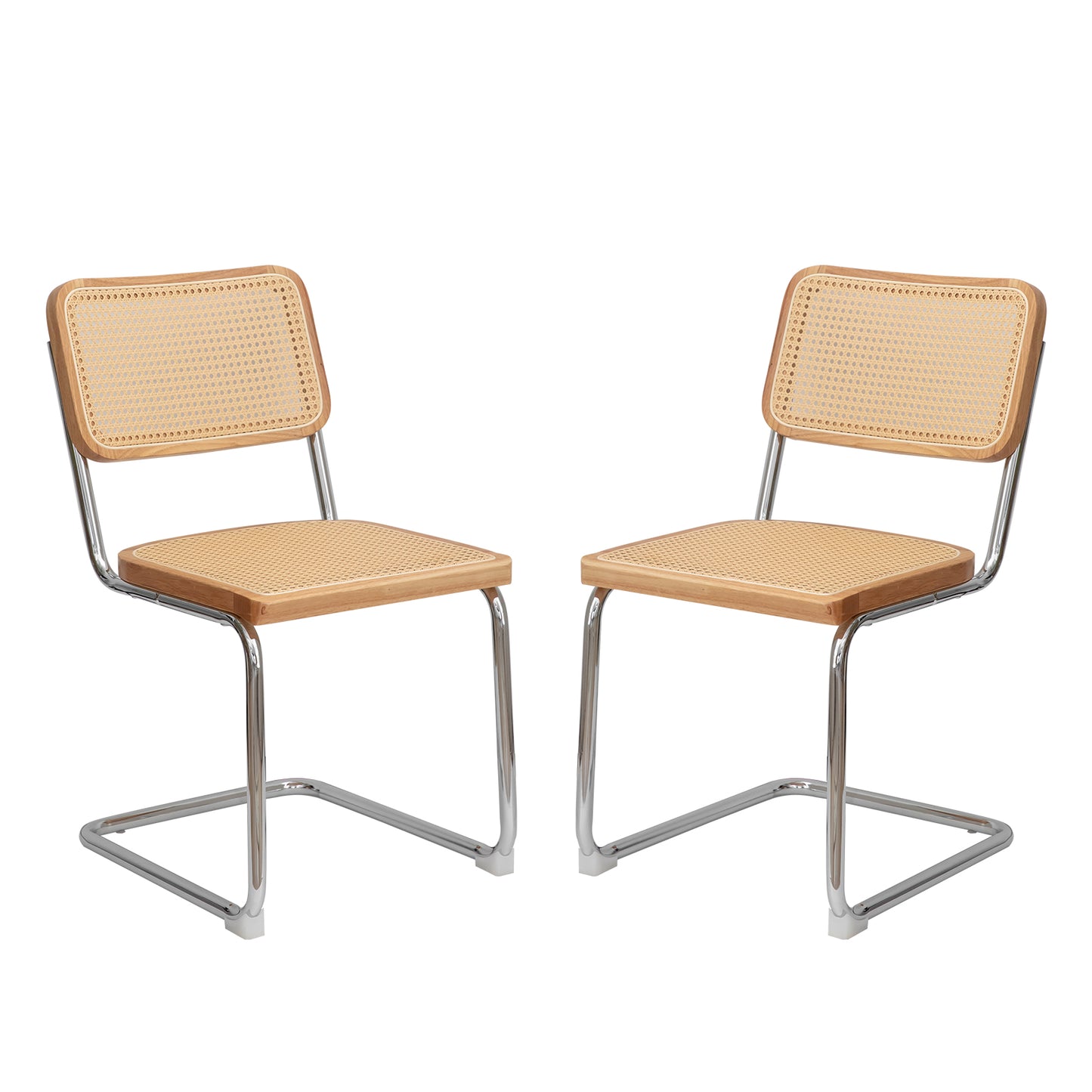 Set of two modern cane dining chairs with chrome frames