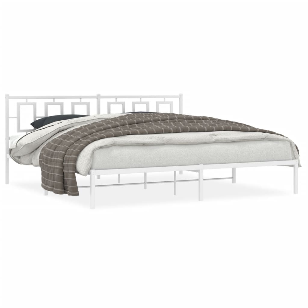 Metal platform bed frame with a decorative headboard and slats featuring dimensions indicated for mattress support