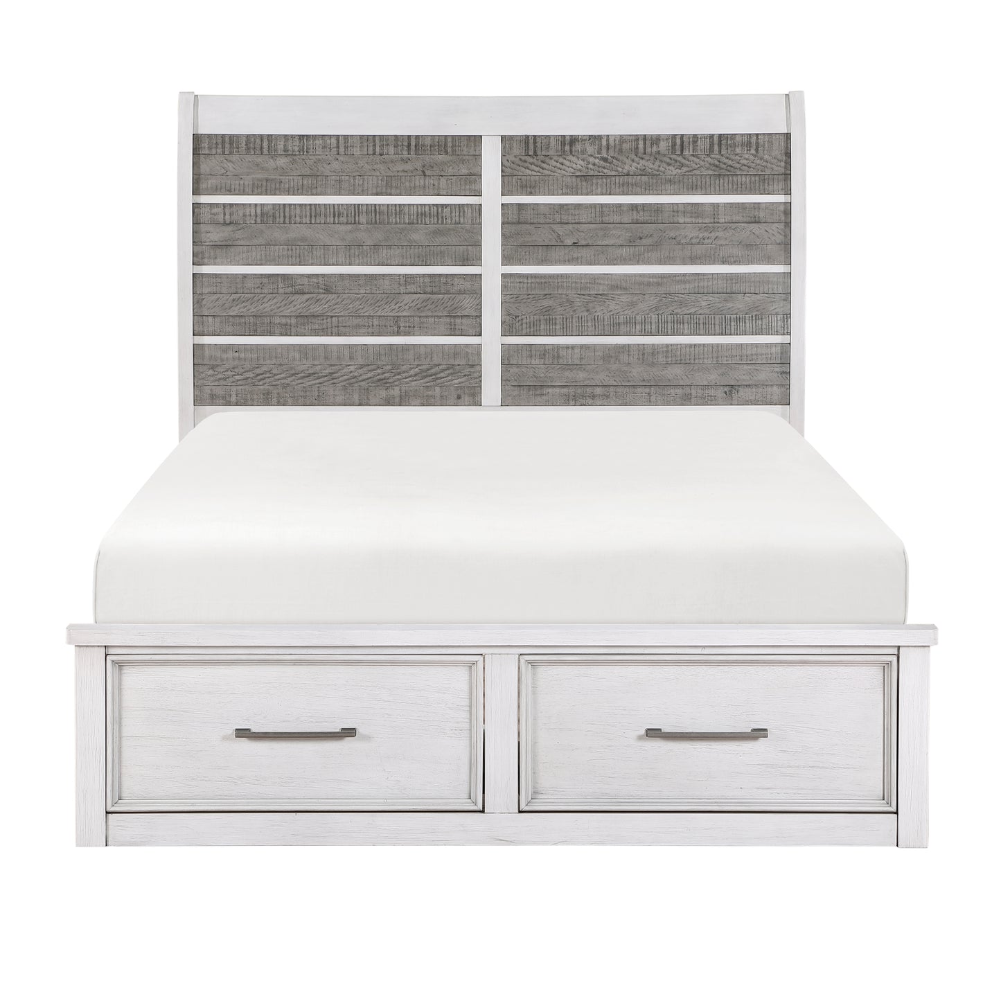 Rustic gray and white queen bed frame with storage drawers and plank headboard