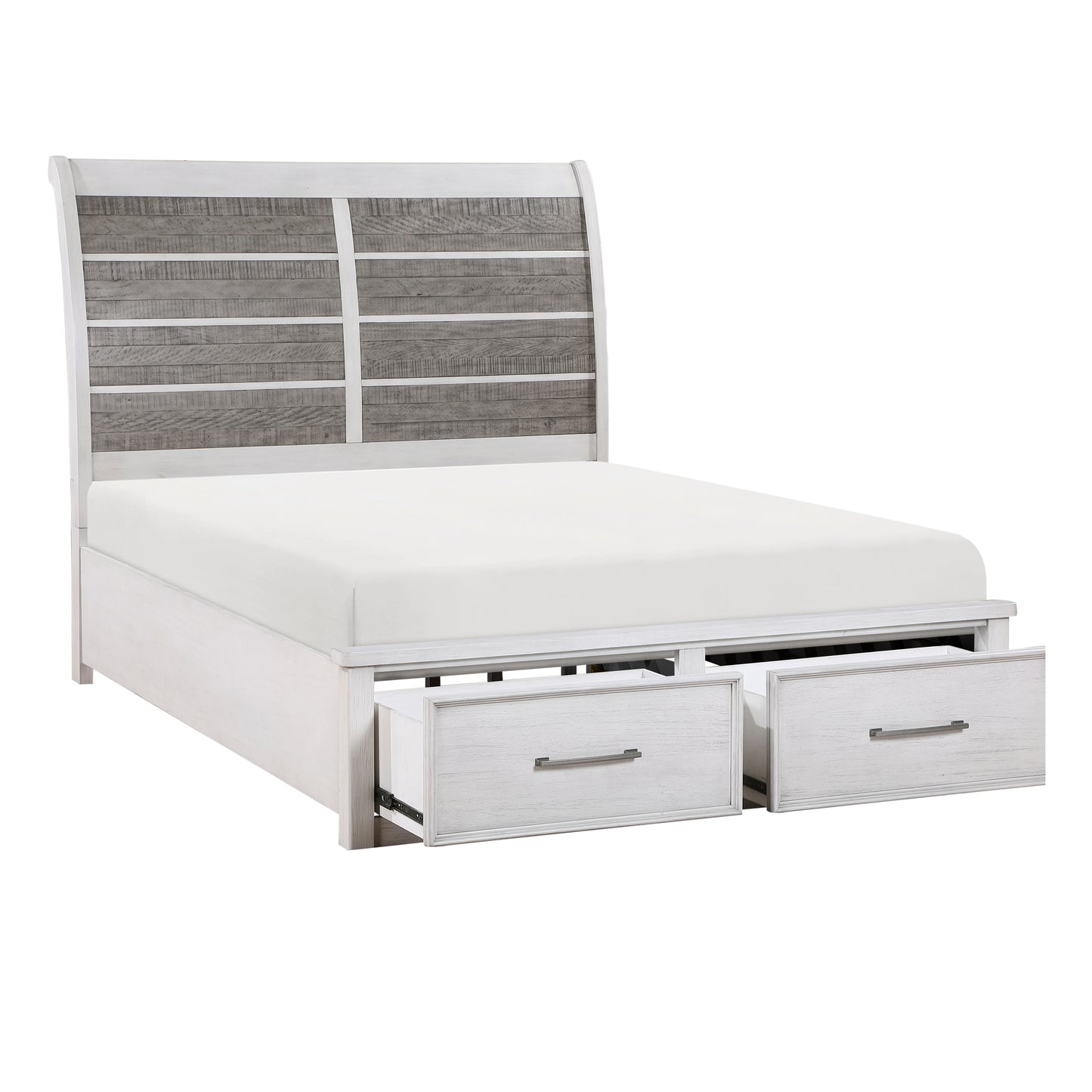 White and grey distressed wood queen bed frame with storage drawers