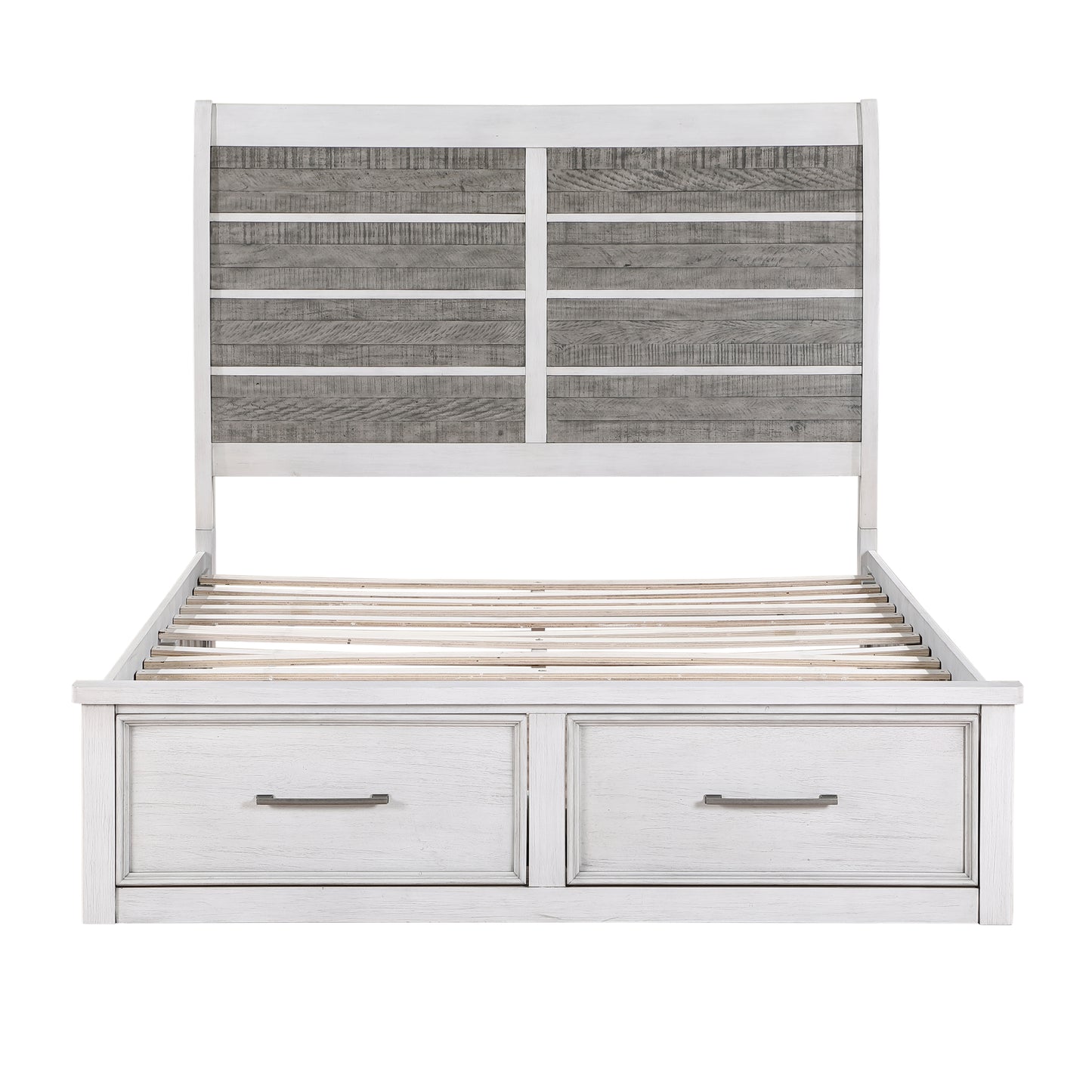 White and gray plank headboard storage bed frame with two drawers