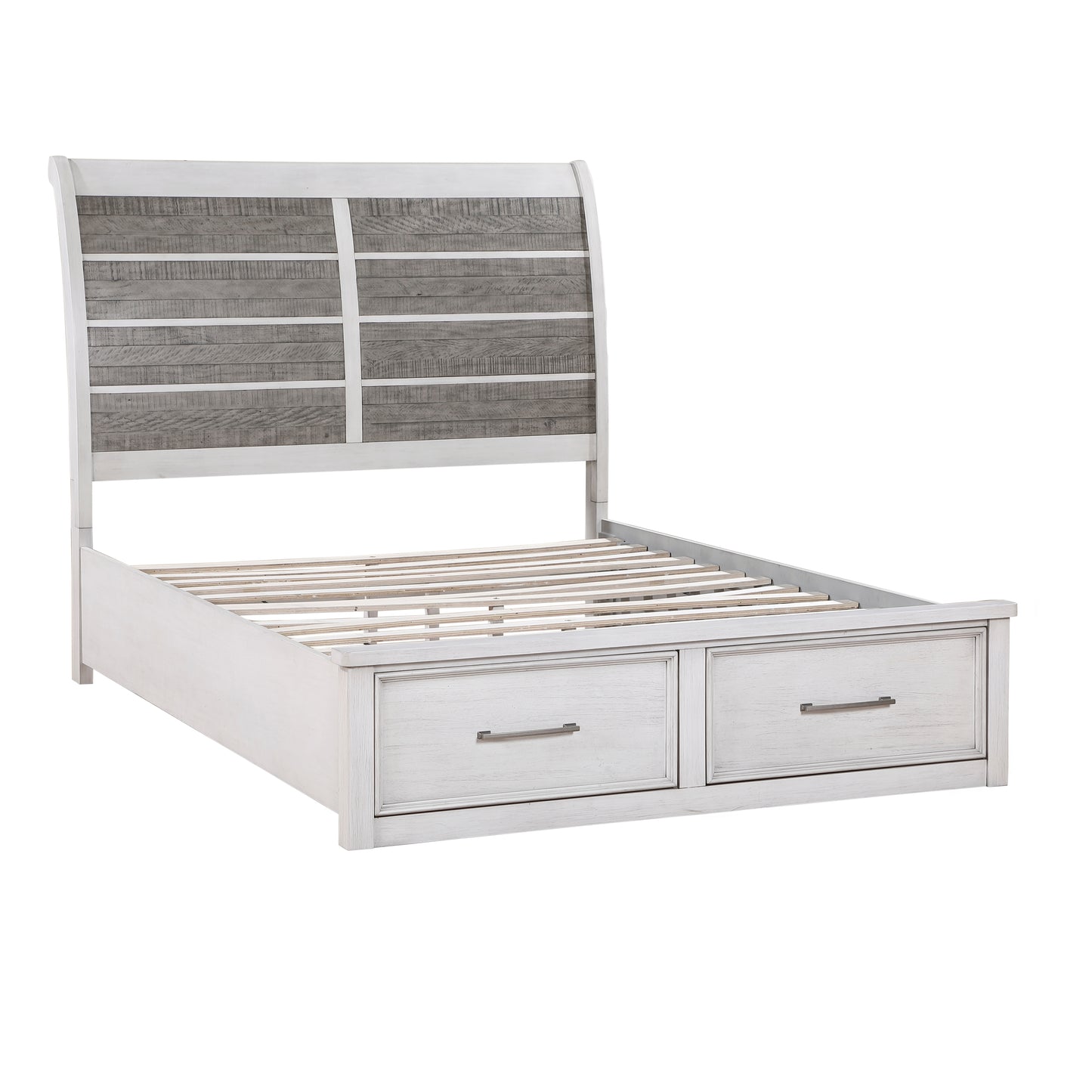 White wood sleigh bed with distressed grey wood headboard and two storage drawers
