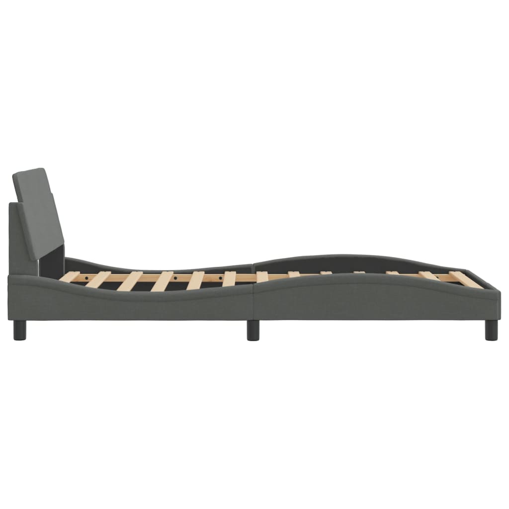 Upholstered grey fabric bed frame with slatted base