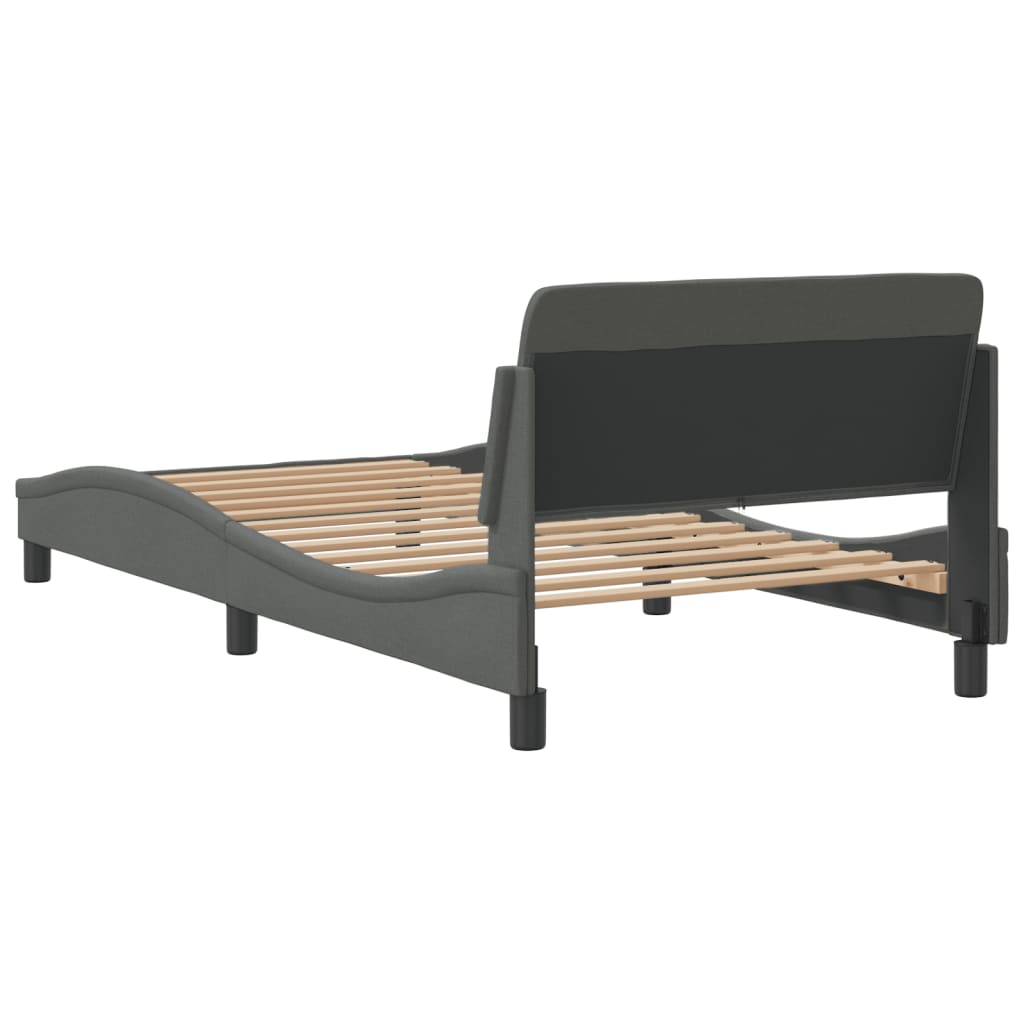 Dark gray upholstered bed frame with curved silhouette and wooden slats