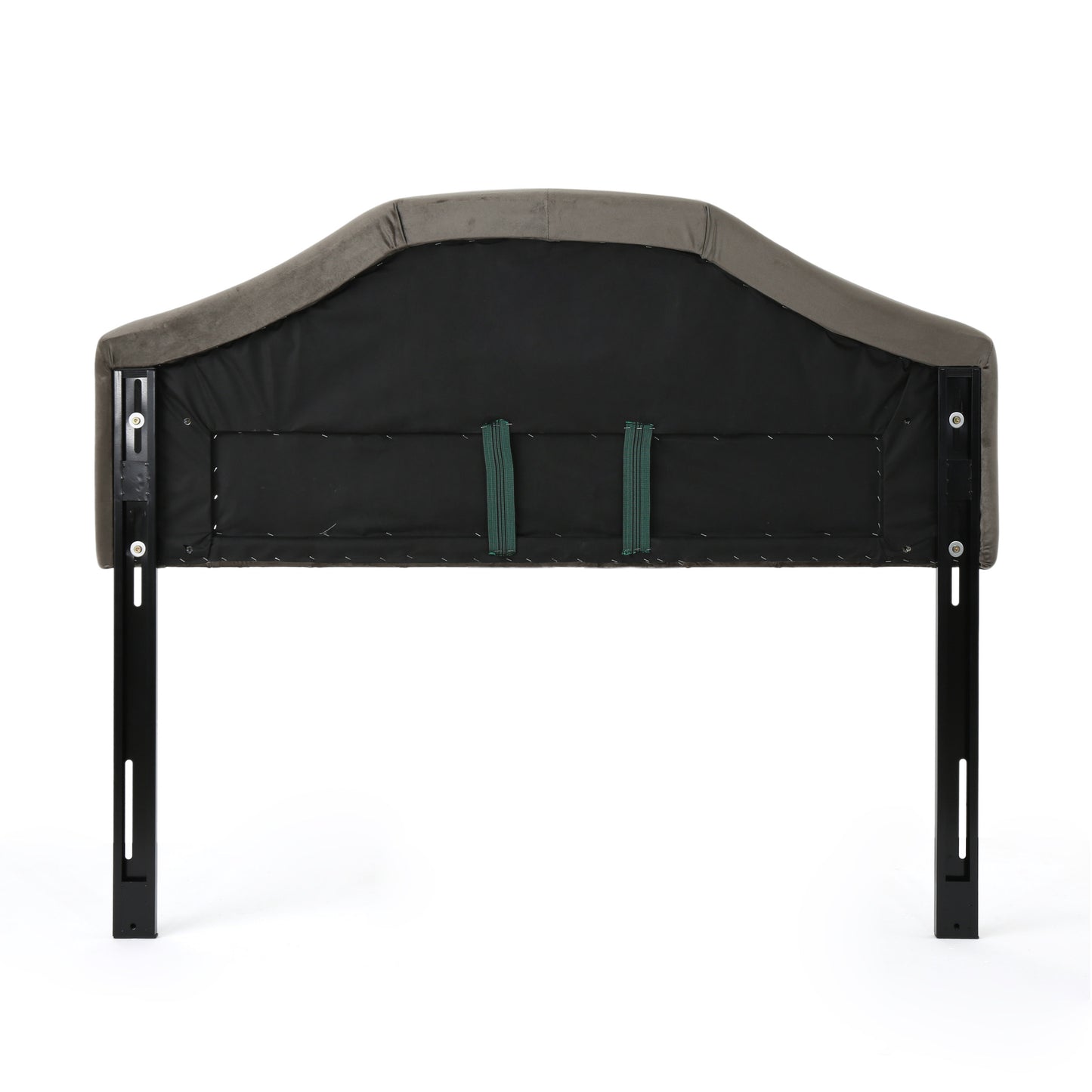 Gray velvet arched headboard with black metal legs
