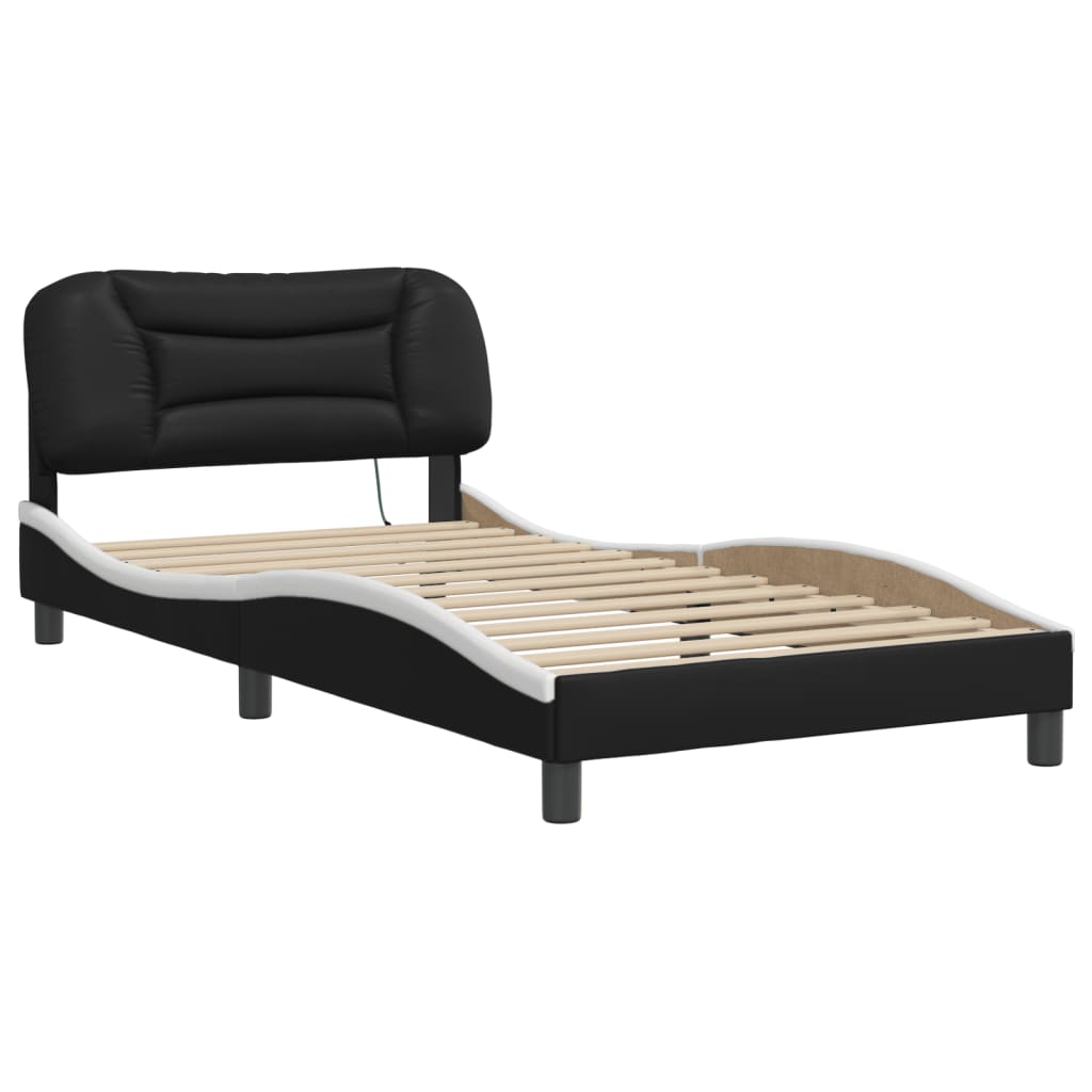 Black faux leather bed frame with customizable LED headboard lighting