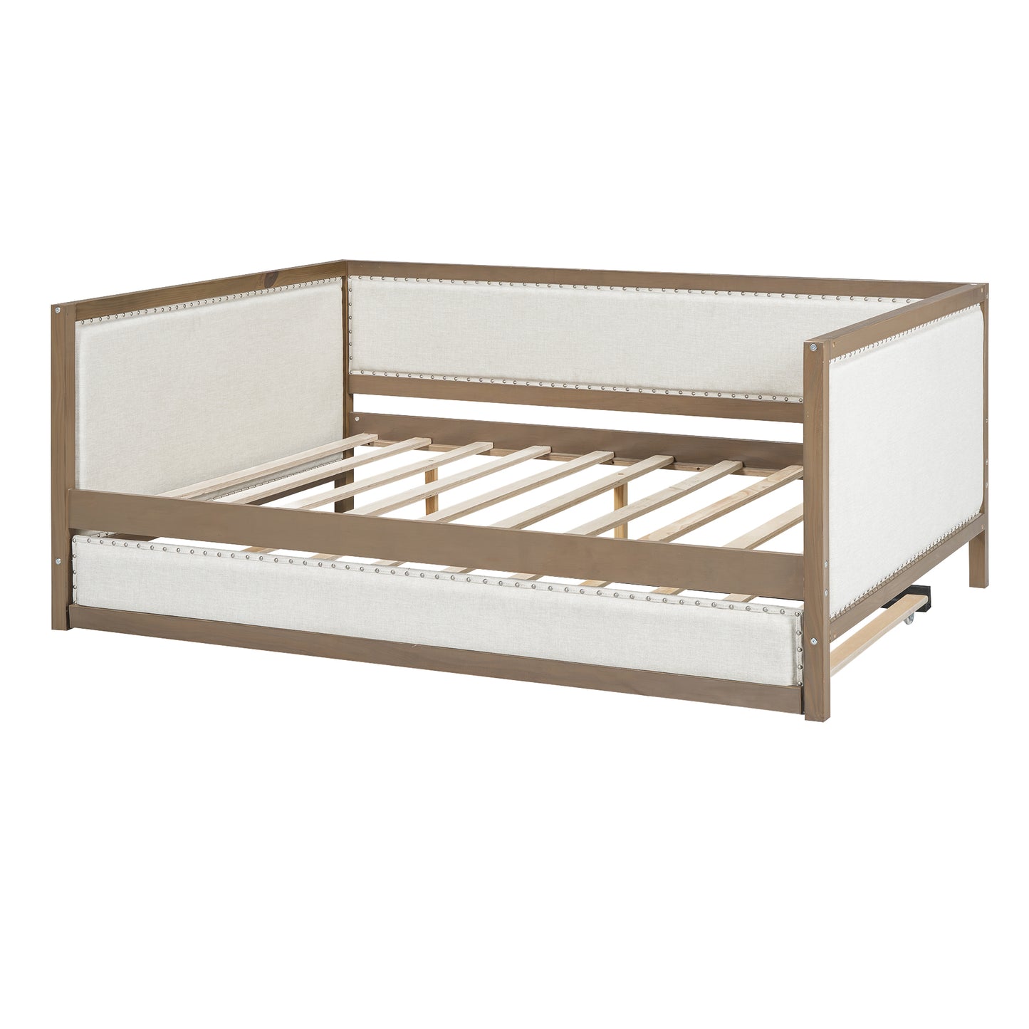 Wooden daybed with beige linen upholstery and nailhead trim