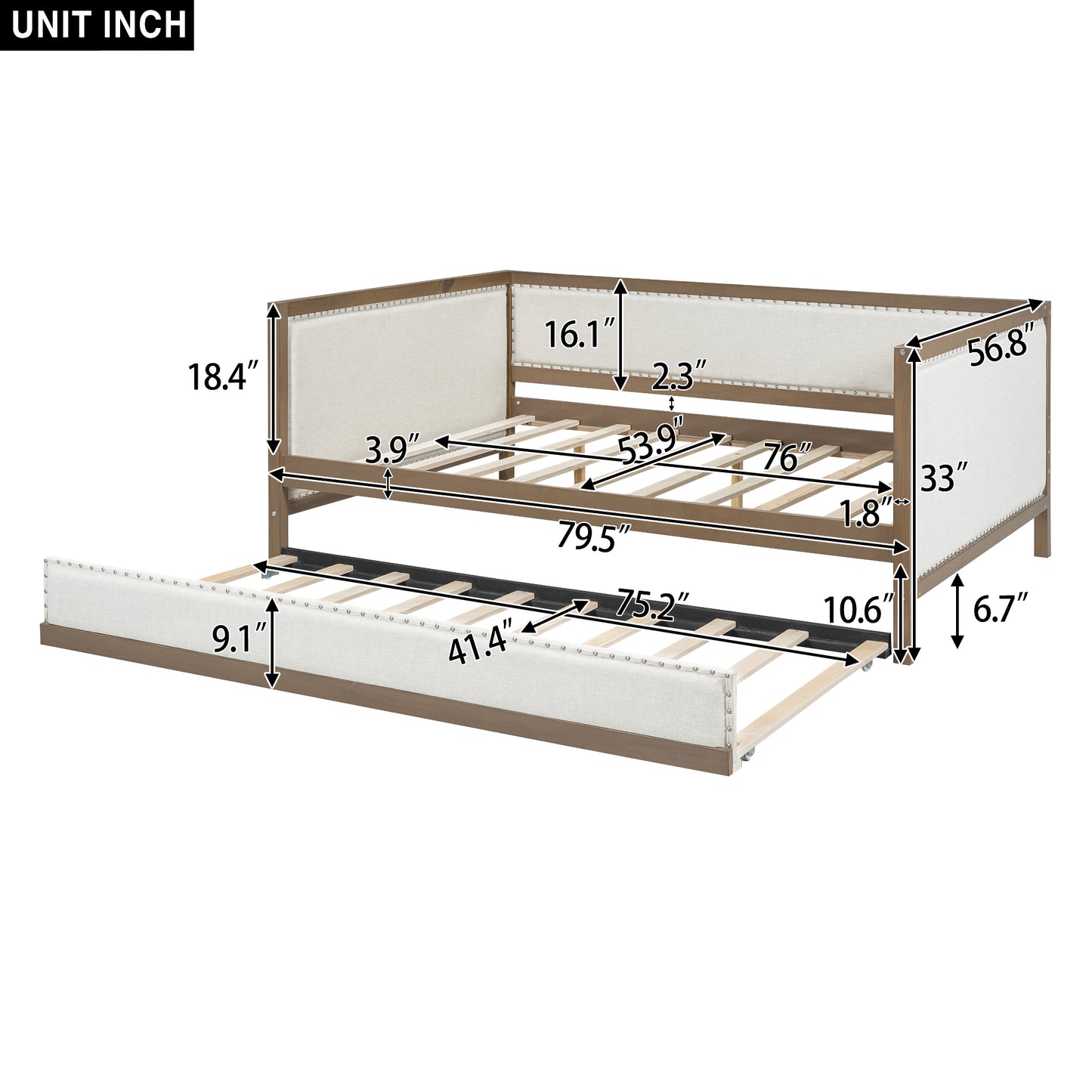 Upholstered daybed with pullout trundle and wood frame beige fabric