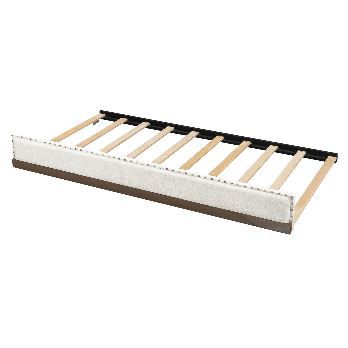 Upholstered bed frame with wooden slats and tufted detail