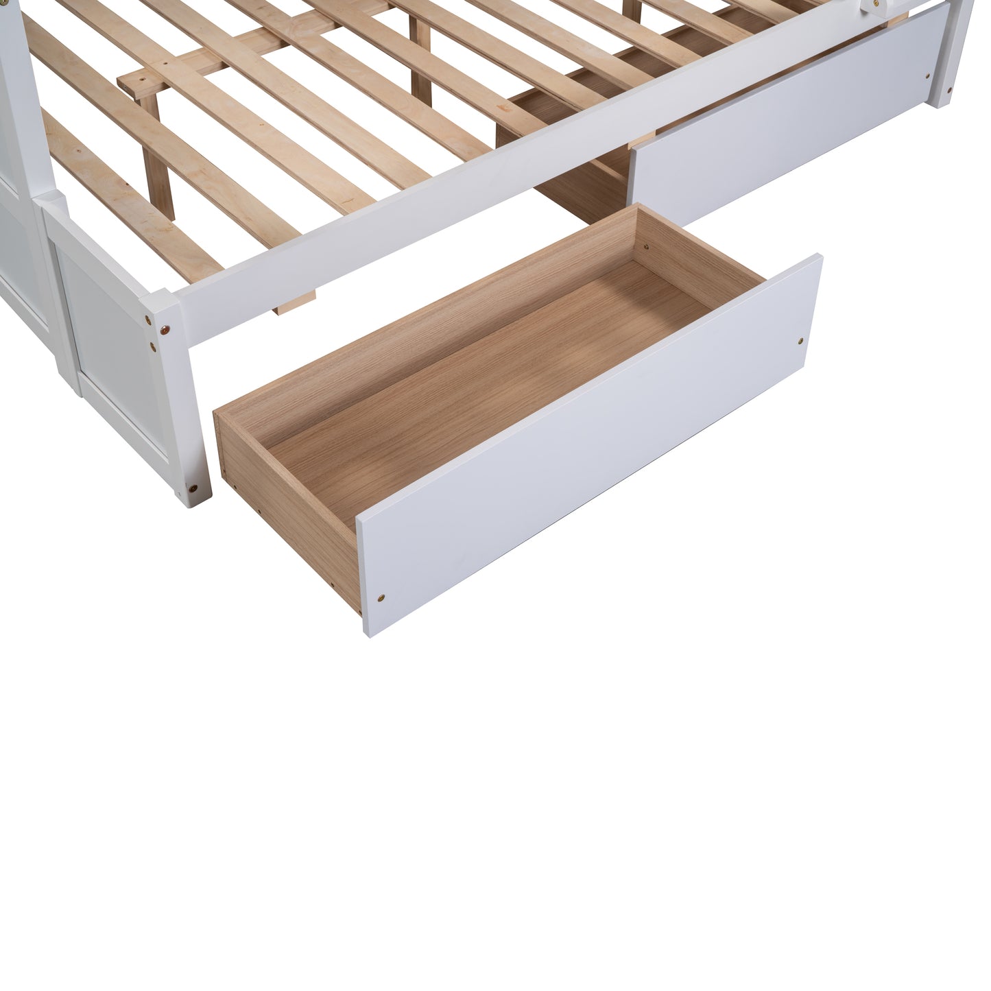 White wooden bed frame with one open storage drawer