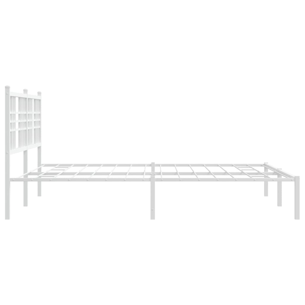 White metal bed frame with a modern slatted headboard