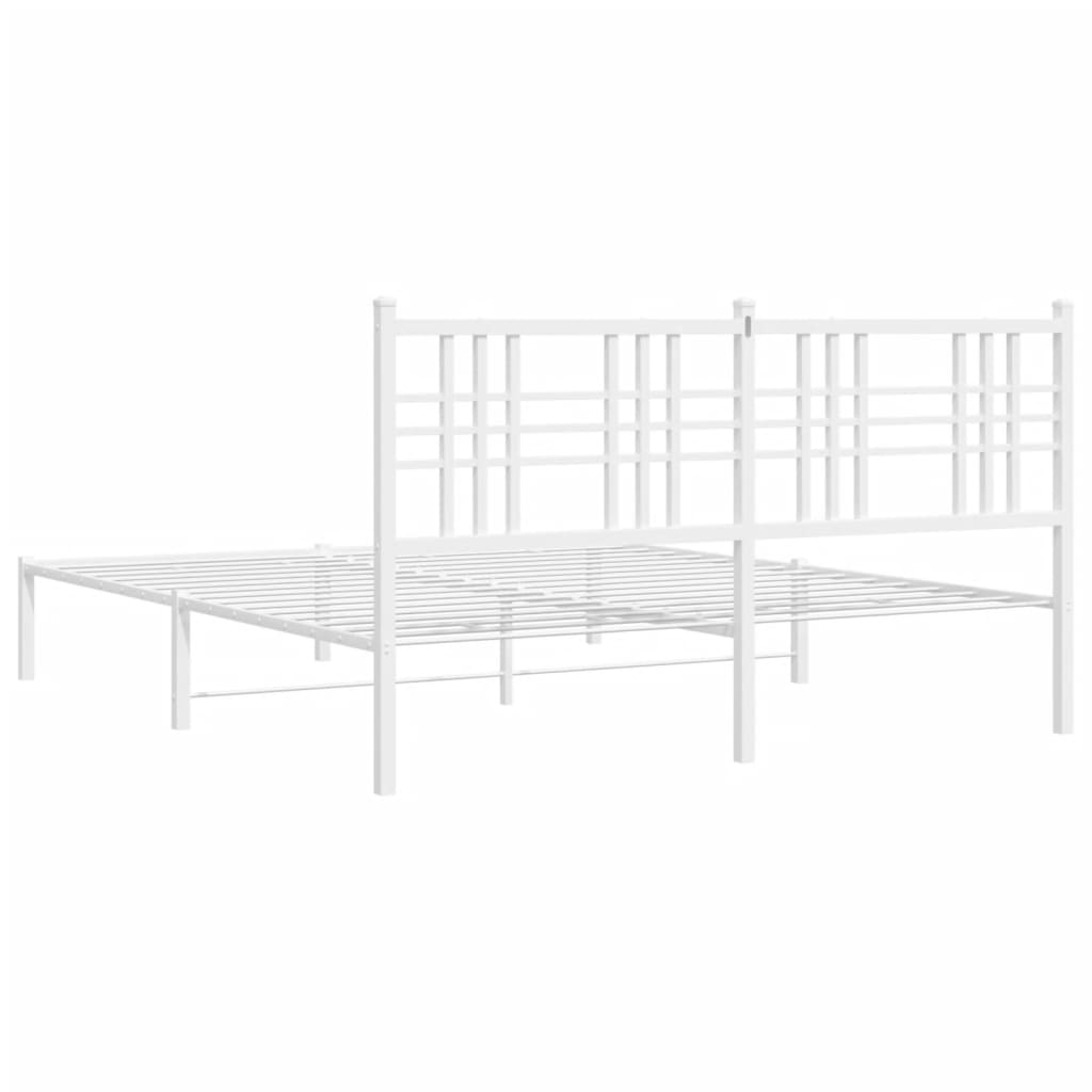 White metal bed frame with a slatted headboard and platform support