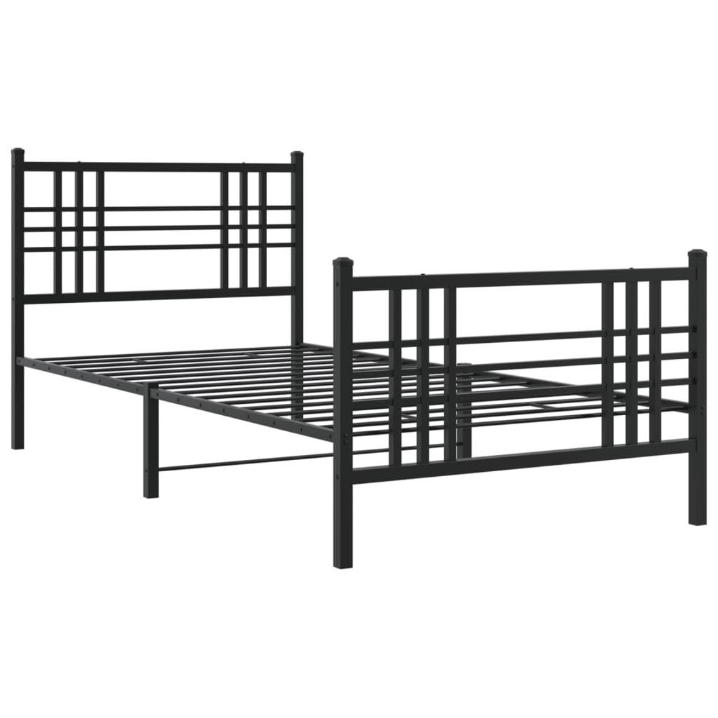 Black metal platform bed frame with geometric headboard and footboard