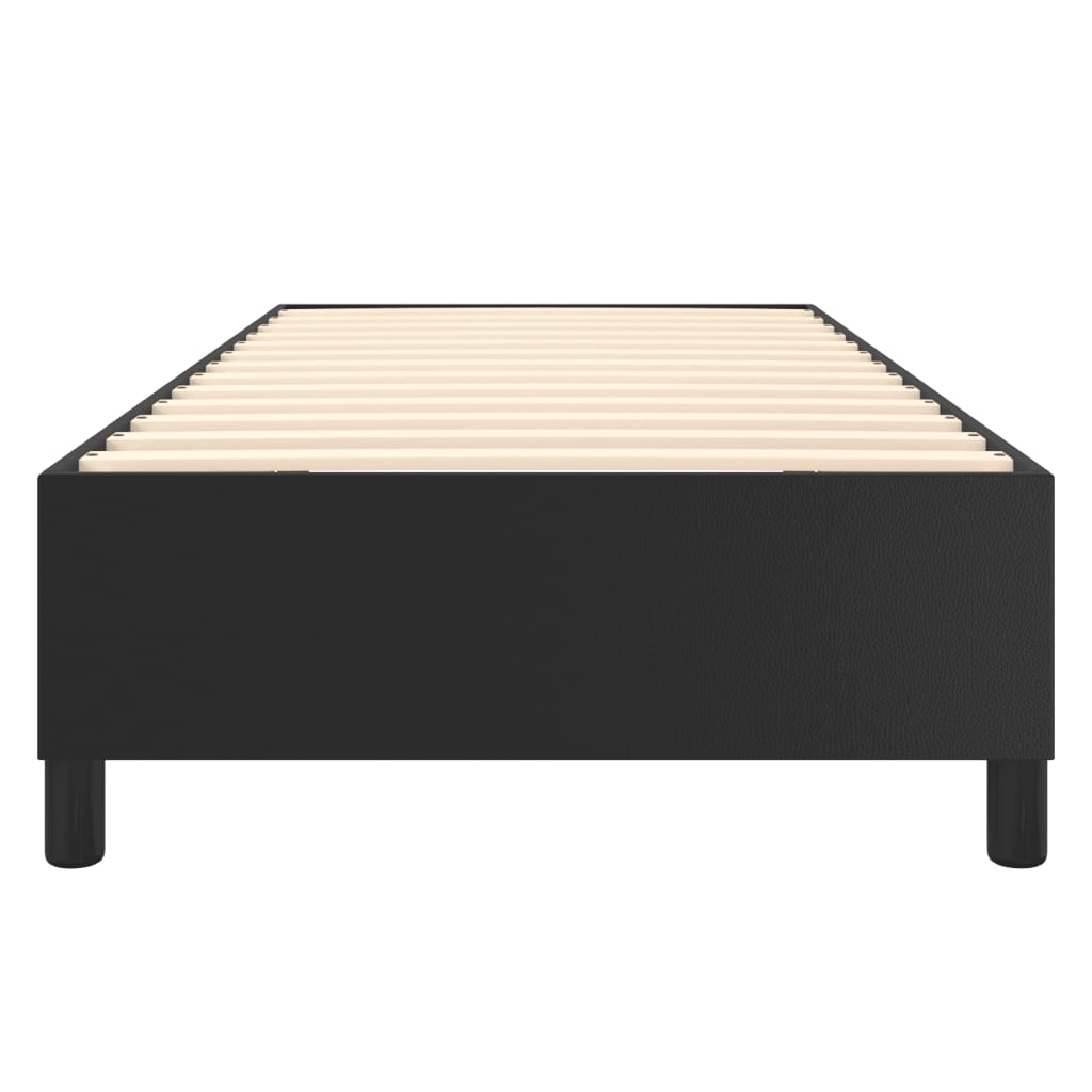 Black upholstered bed frame with wooden slats