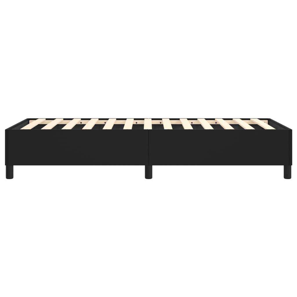 Black upholstered platform bed frame with wooden slats