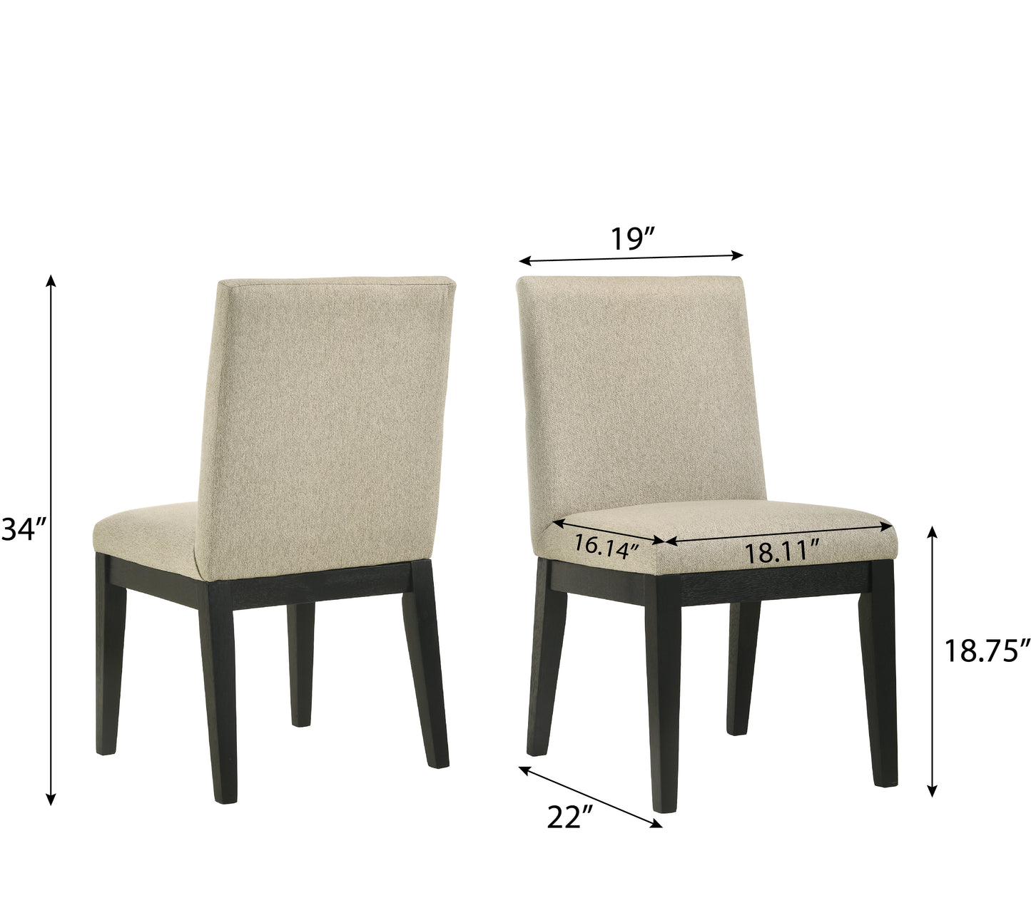 Two modern dining chairs in beige upholstery with dark wood legs