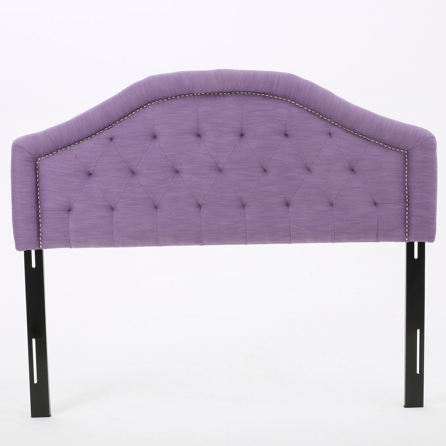 Purple tufted headboard with silver nailhead trim and black metal legs