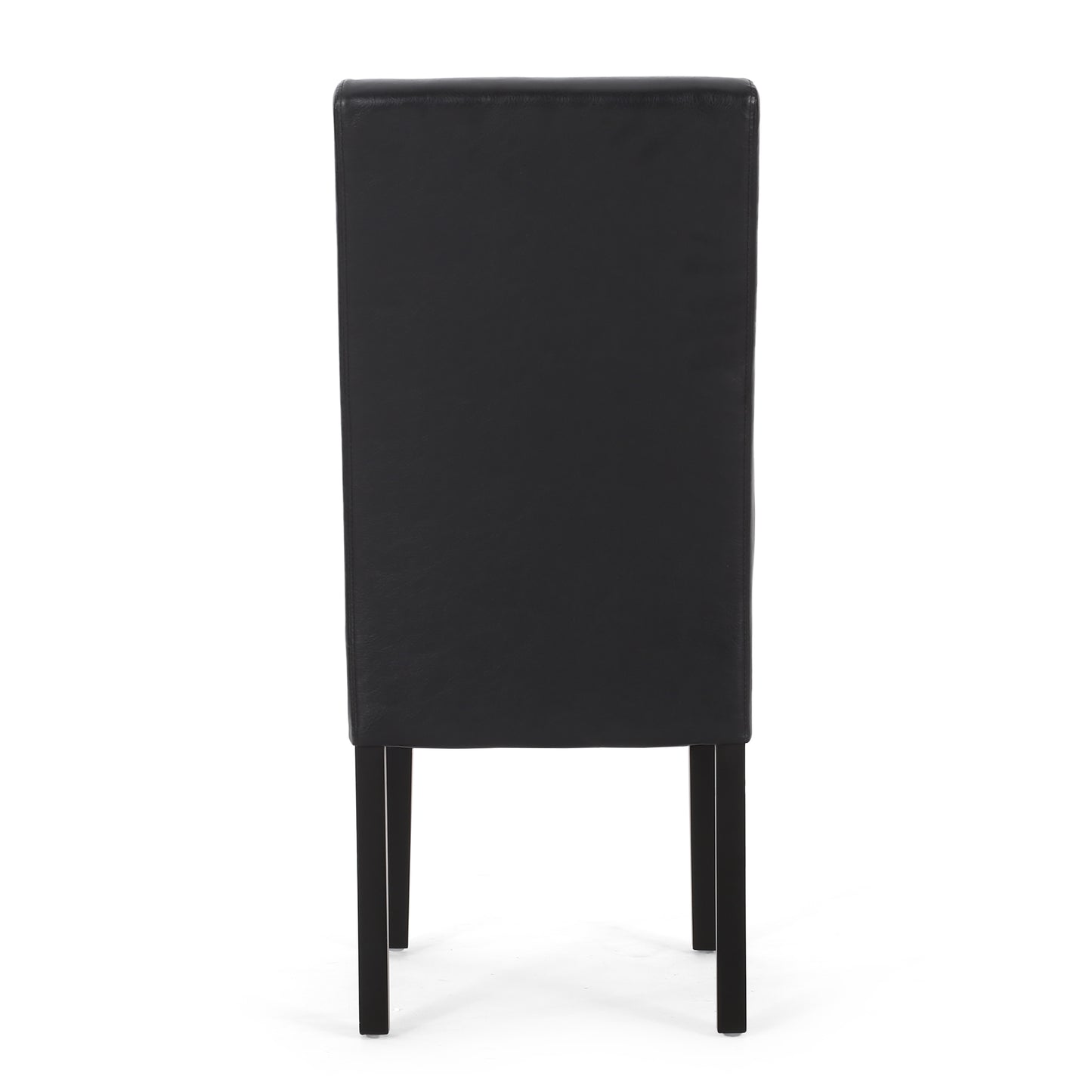 Back view of a black leather dining chair with dark wooden legs