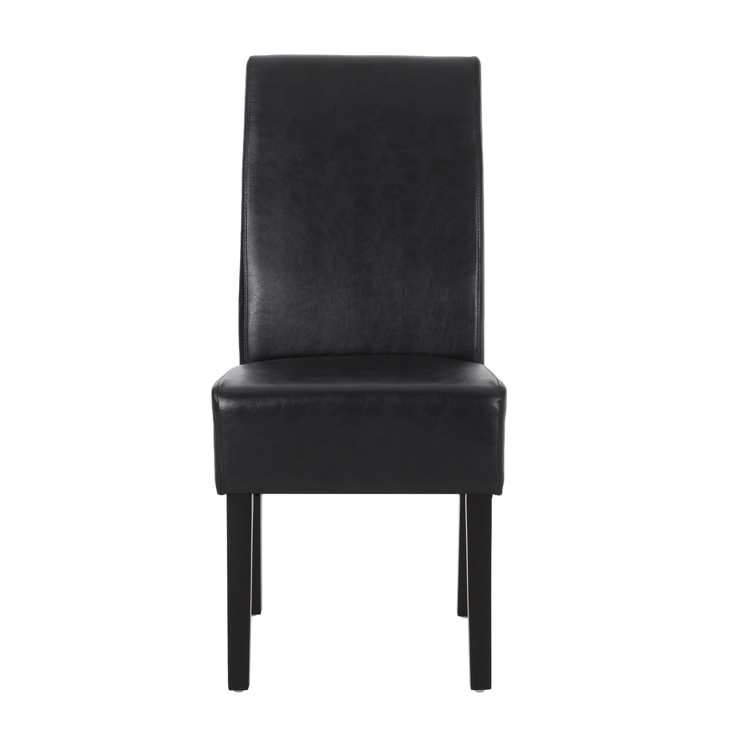 Black leather dining chair with dark wooden legs