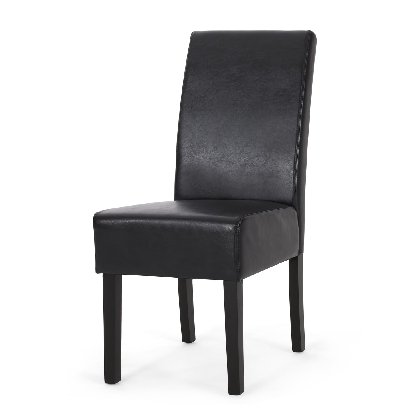 Black faux leather dining chair with dark wood legs