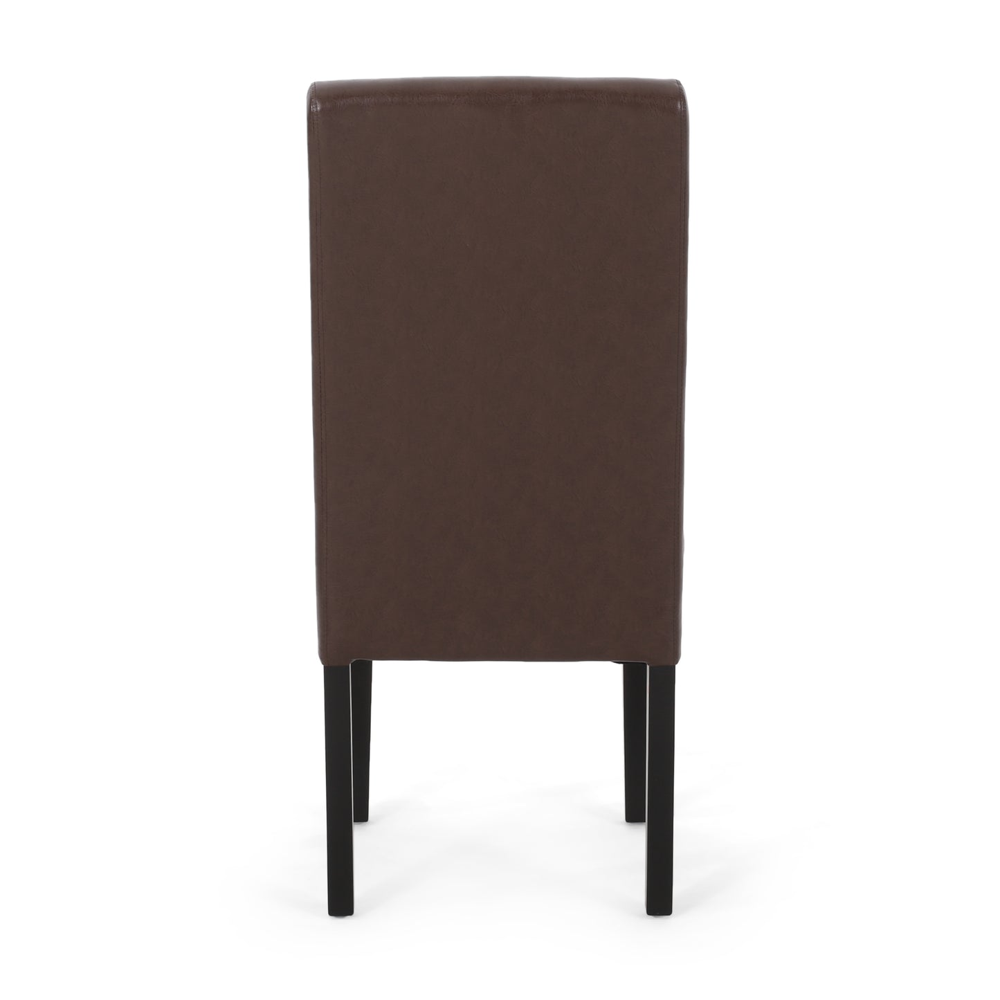 A tall dark brown faux leather dining chair with black wooden legs seen from the back