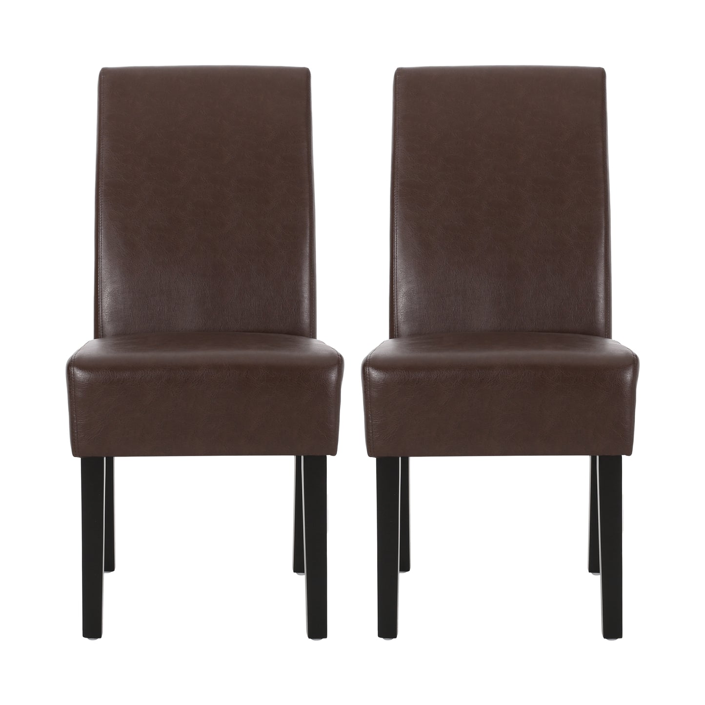Two brown faux leather dining chairs with black legs