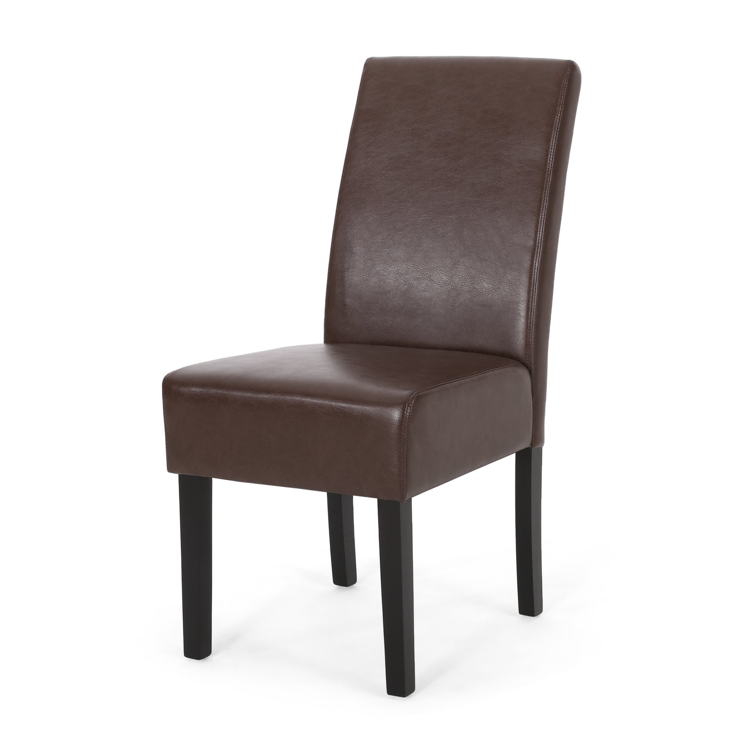 Dark brown faux leather dining chair with tall back