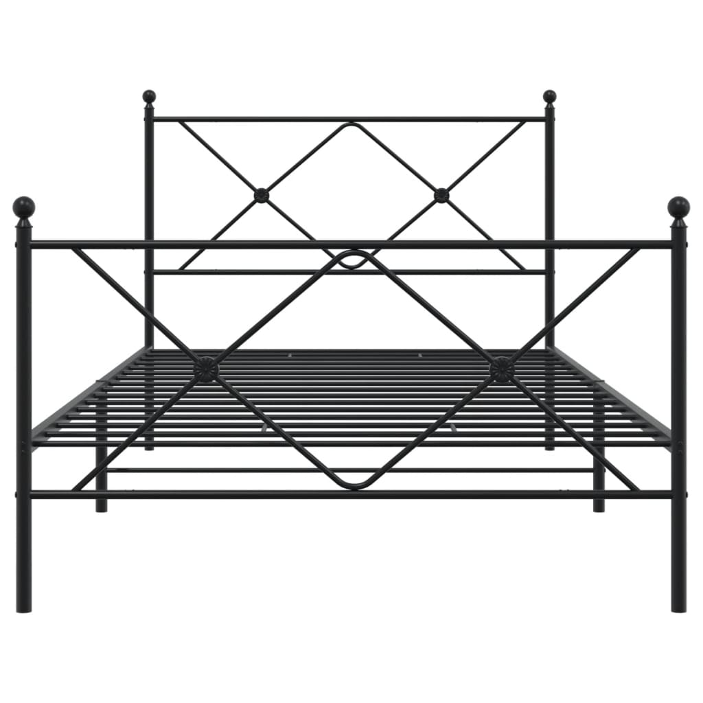 Black metal bed frame with a diamond pattern headboard and footboard