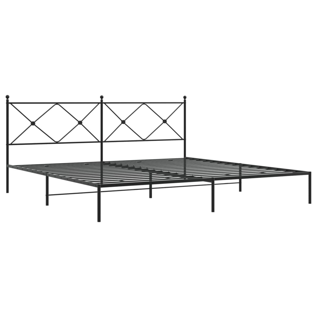 Black metal bed frame with geometric headboard and bedding