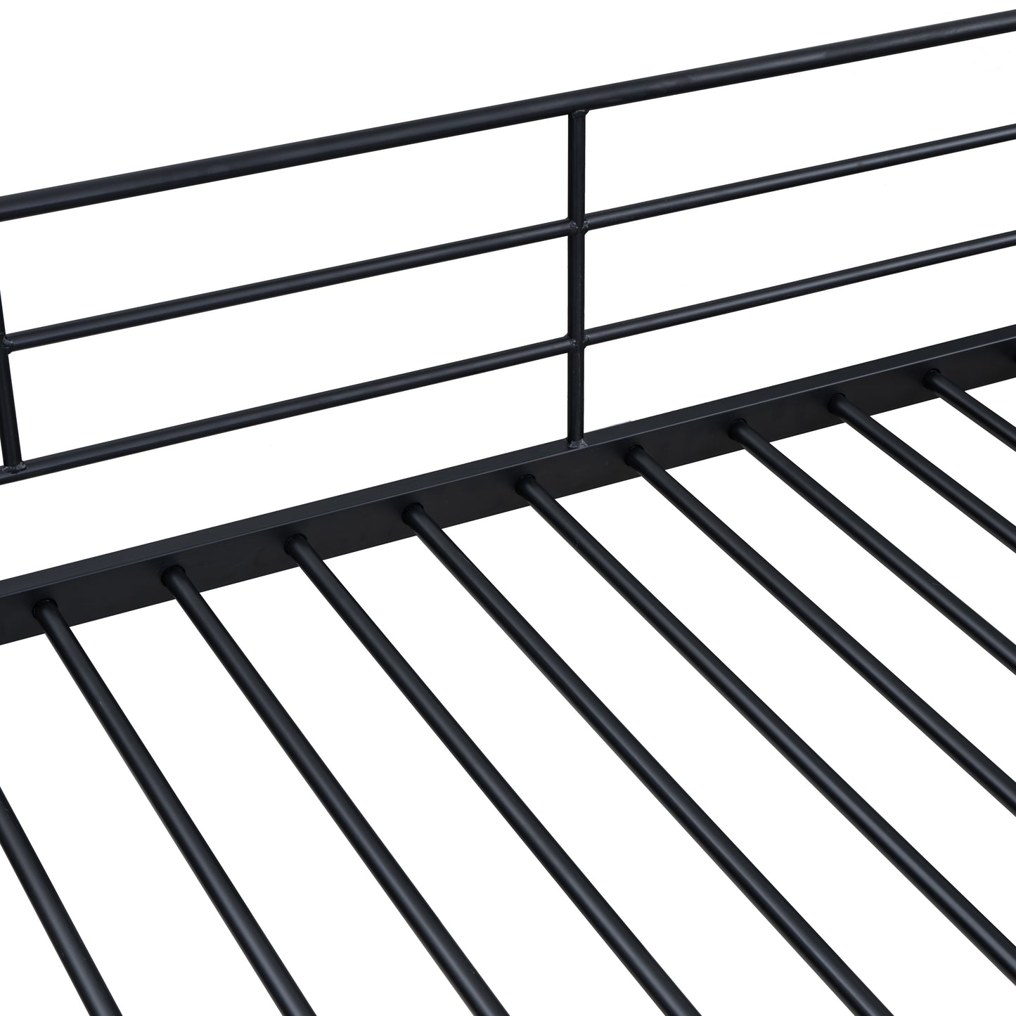 Black metal bed frame with horizontal slats