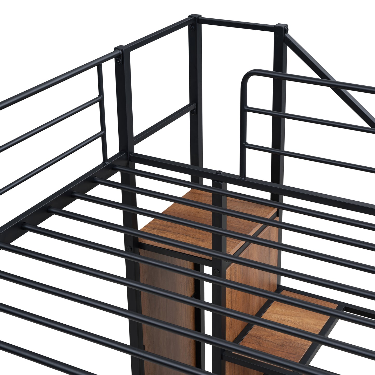 Black metal loft bed frame with integrated wooden shelving unit on the side