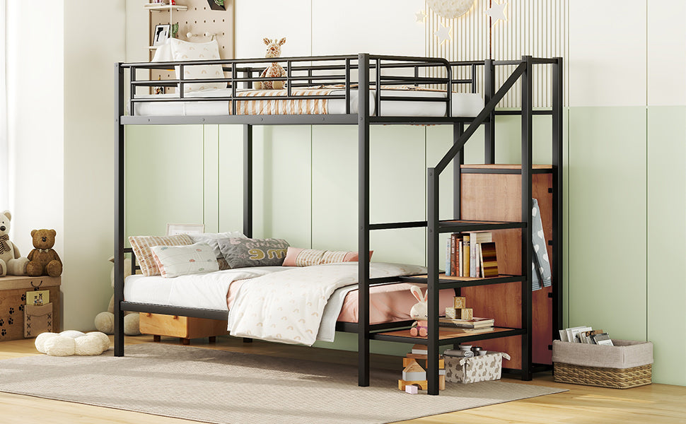 Black metal twin over twin bunk bed with stairs