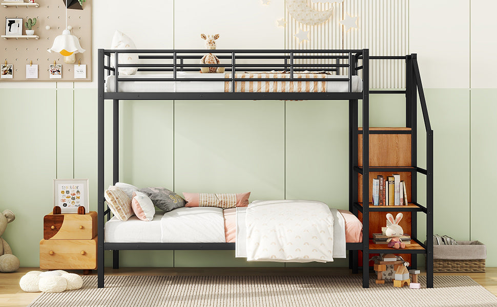 Black metal twin over twin bunk bed with integrated ladder and storage shelves