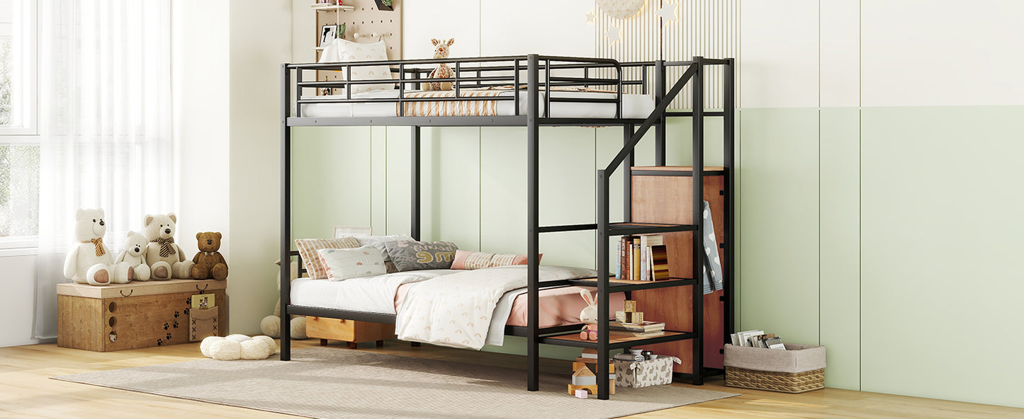 Black metal bunk bed with stairs and storage shelves