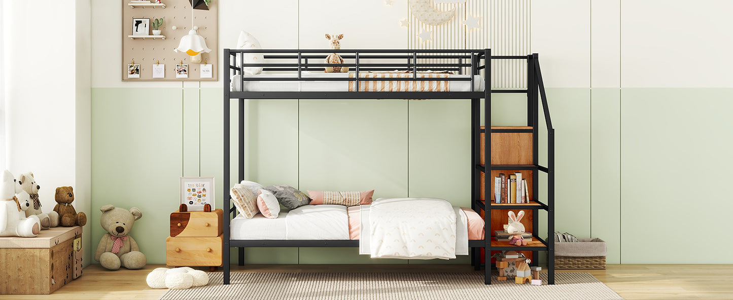 Black metal twin over twin loft bed with wooden shelving unit