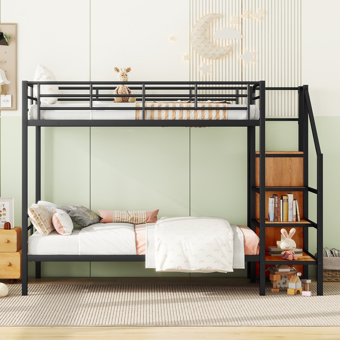 Black metal twin over twin bunk bed with integrated ladder and shelves