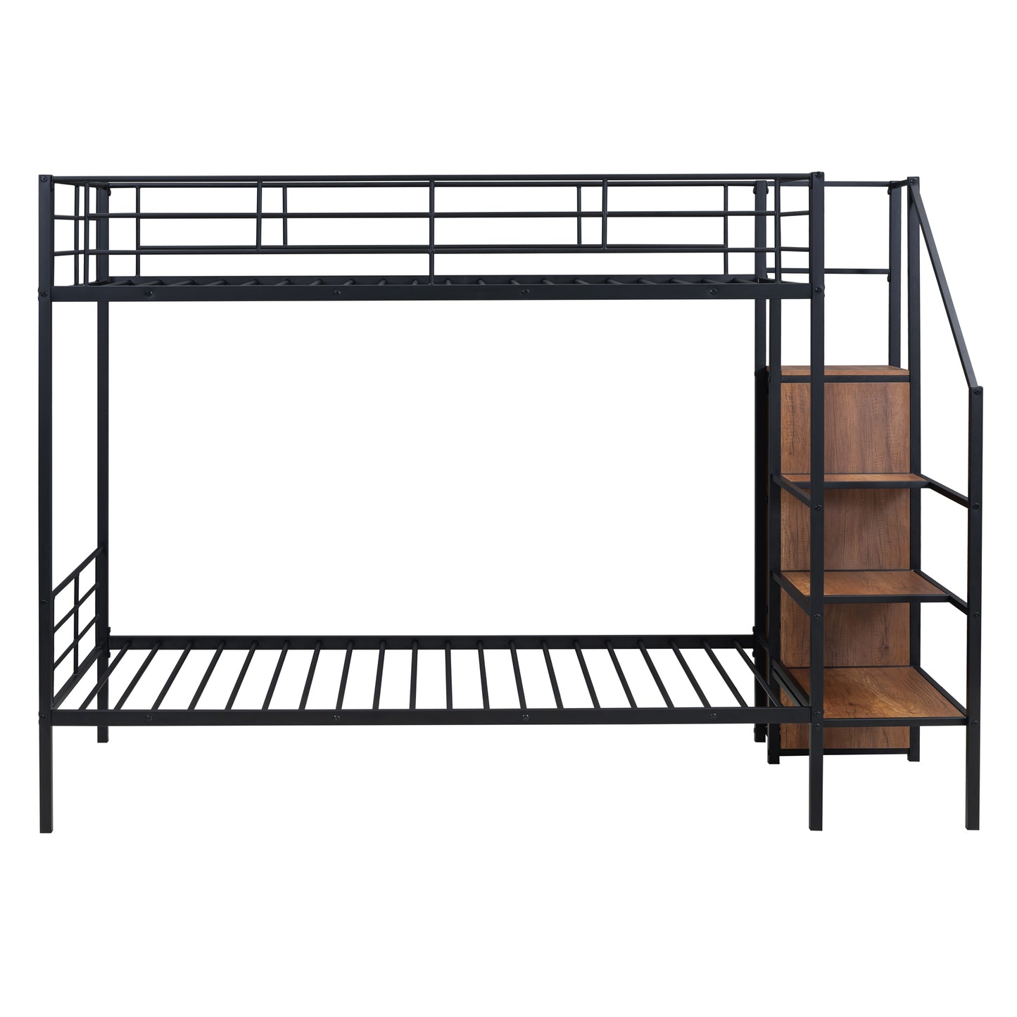 Black metal bunk bed with integrated wooden shelving