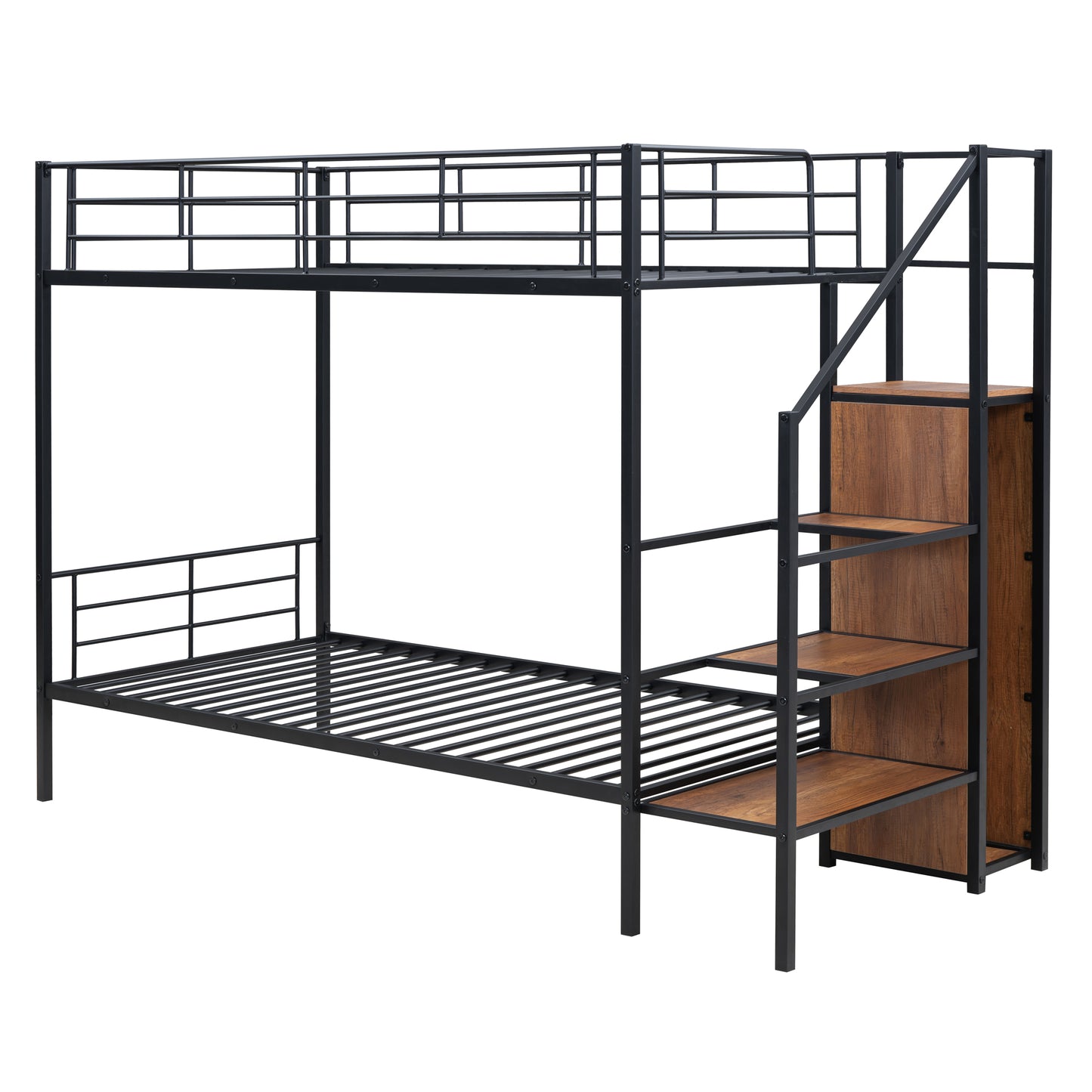 Black metal twin bunk bed with wooden shelves and stairs